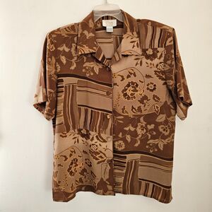 Voir Collection Blouse  XL Brown Print Top Shoulder Pads Covered Buttons Retro